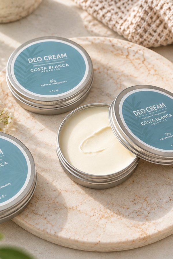Natūralus dezodorantas pažastims be aliuminio Costa Blanca Organics Deo Cream – atidaryta pakuotė.