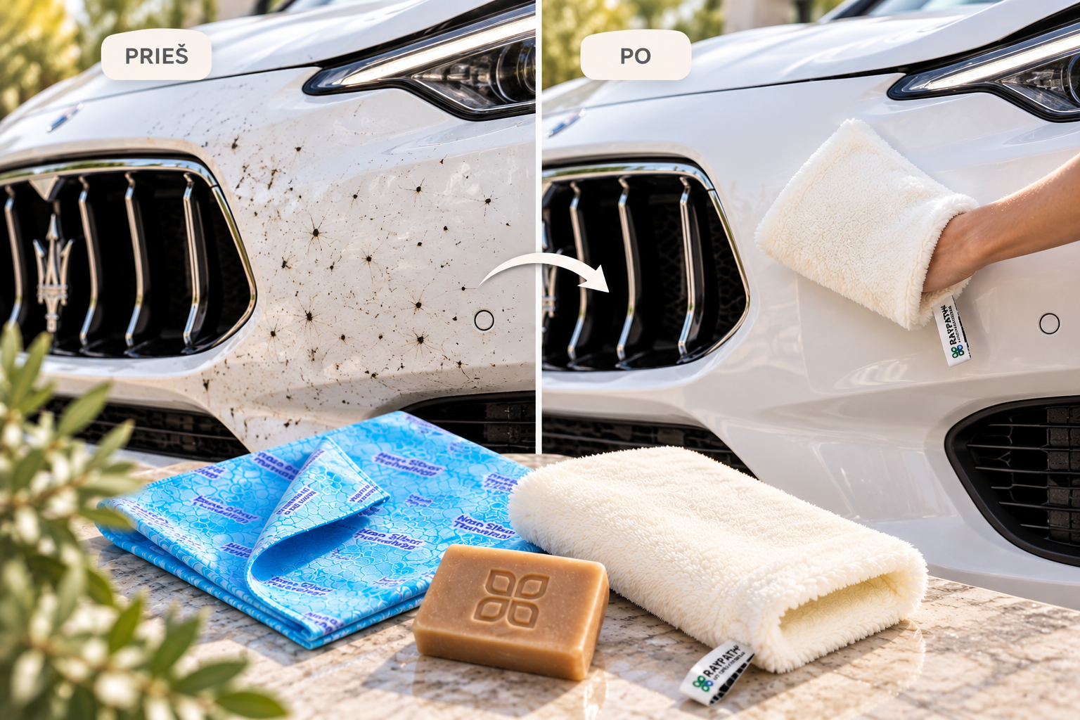 Automobilio plovimo rinkinys Raypath – vabzdžių likučių valymas nuo balto automobilio kėbulo, prieš ir po valymo.
